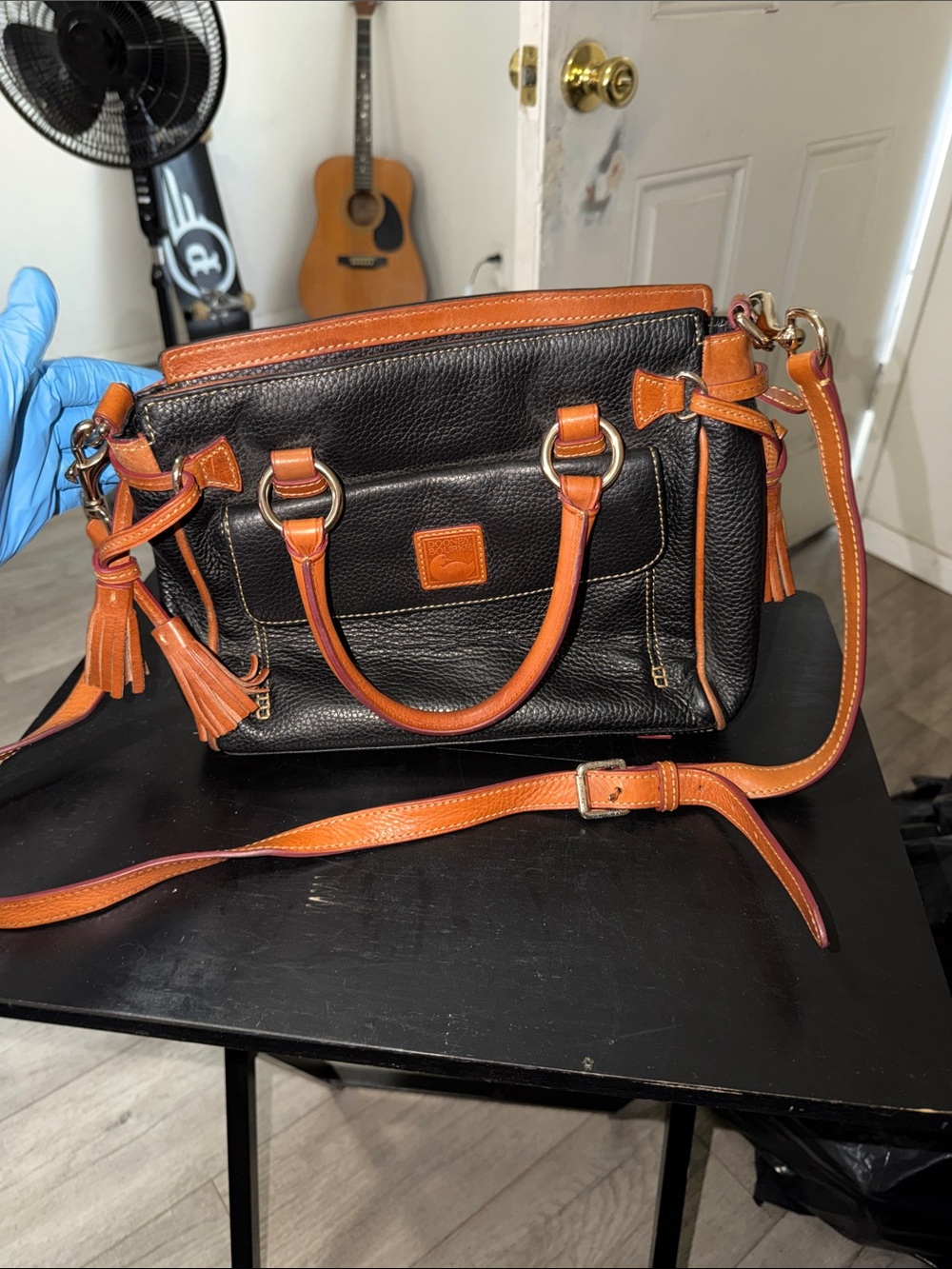 Dooney & Bourke Black Leather Satchel with Cognac Trim